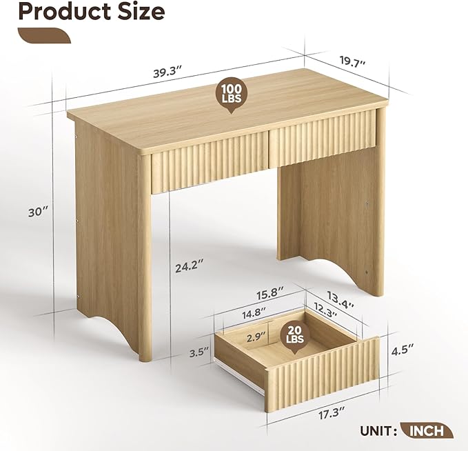 Bestier Fluted Computer Desk with 2 Drawers, 40 Inch Small Wooden Writing Study Work Desk, Computer Table, Compact Executive Home Office Desk for Small Spaces, Bedroom, Study, Living Room