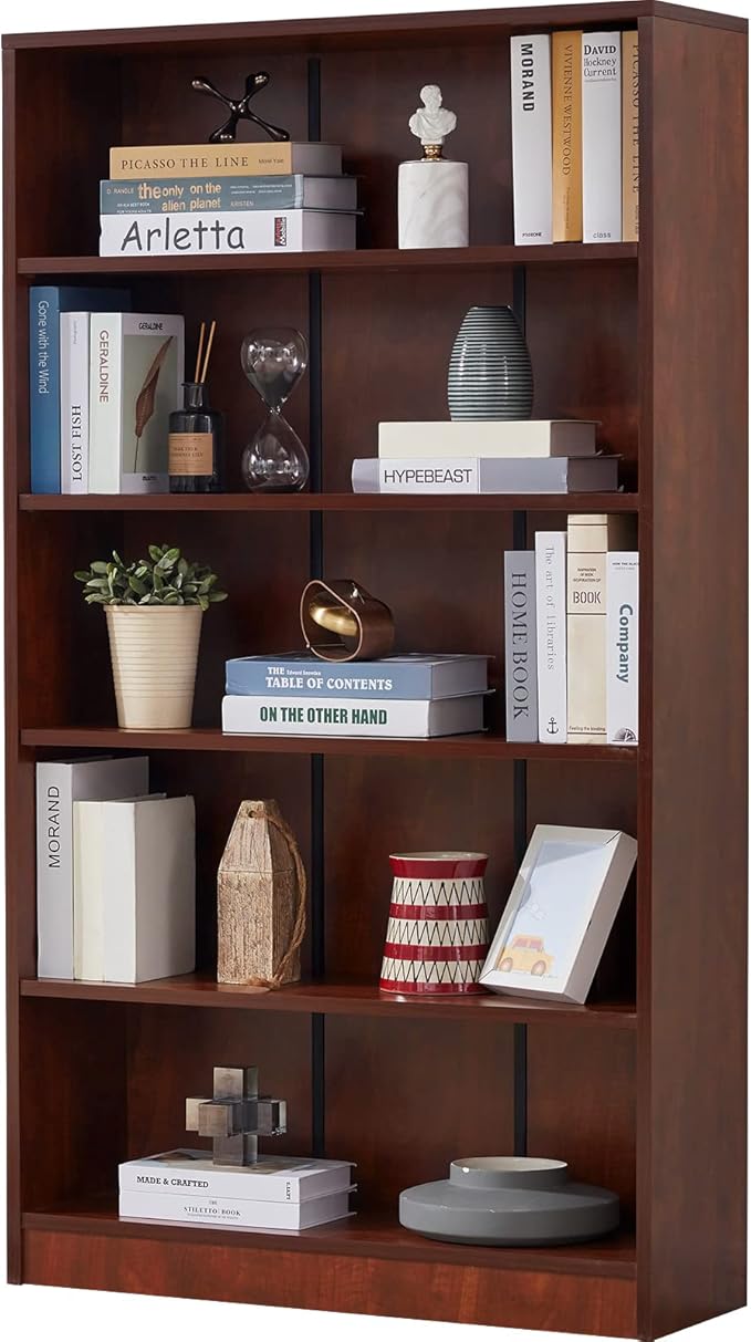 Farini Cherry Bookshelf for Bedroom 5 Shelf Office Bookcase 60 Inches Tall Modern Wood Bookshelf for Living Room 5 Tier Wide Manga Bookshelf Library Bookcase