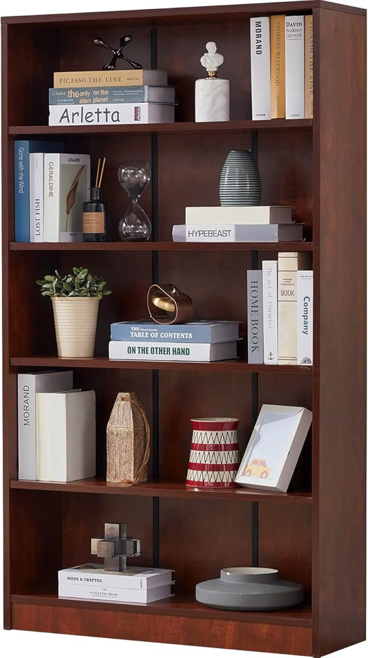 Farini Cherry Bookshelf for Bedroom 5 Shelf Office Bookcase 60 Inches Tall Modern Wood Bookshelf for Living Room 5 Tier Wide Manga Bookshelf Library Bookcase