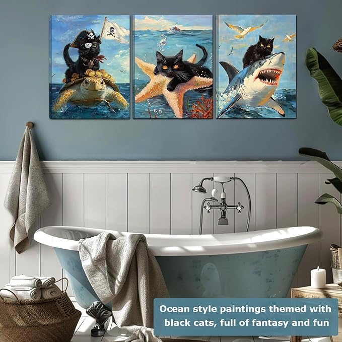 Framed Black Cat Wall Art, Ocean wall art, Funny Cat Shark Turtle Starfish Pictures Canvas Wall Decor for Bedroom Living Room Bathroom(Framed, 12x16in, Set of 3)
