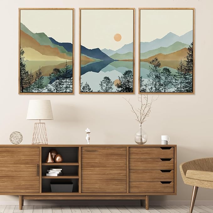 CHDITB Mountain Sun Forest Framed Art Prints(Set of 3, 24”x36”), Boho Watercolor Nature Landscape Canvas Artwork Painting, Abstract Foggy National Park Scenery Poster Decor for Living Room Bedroom