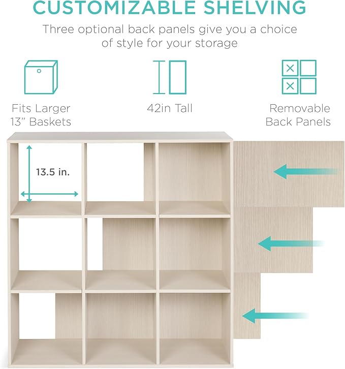 Best Choice Products 9-Cube Storage Organizer, 13.5in Shelf Opening, Bookcase, Display Shelf, Customizable w/ 3 Removable Back Panels – Whitewash