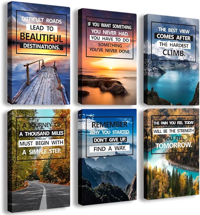 Motivational Quotes Motto，Inspirational Motivational Canvas Wall Art，scenery Painting，Modern Wall Art Suitable for Library, Office,Living ，Home，Gym Deco，Tabletop/Hanging| 6-pack(38x58cm) Framed