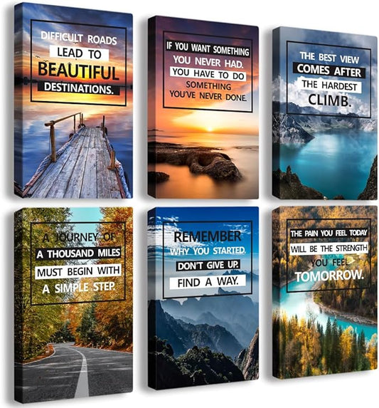 Motivational Quotes Motto，Inspirational Motivational Canvas Wall Art，scenery Painting，Modern Wall Art Suitable for Library, Office,Living ，Home，Gym Deco，Tabletop/Hanging| 6-pack(38x58cm) Framed