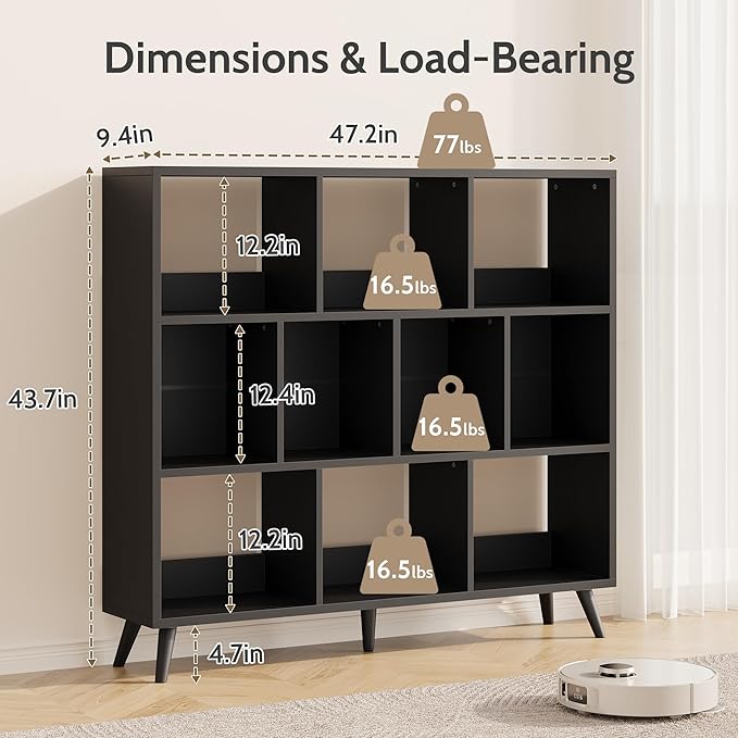 10 Cube Bookshelf, 3 Tier Wooden Book Shelf, Modern Black Short Bookcase with Solid Wood Legs, Small Book Cases Vintage Wide Storage Organizer with Open Shelf for Kids, Small Spaces, Bedroom, Office