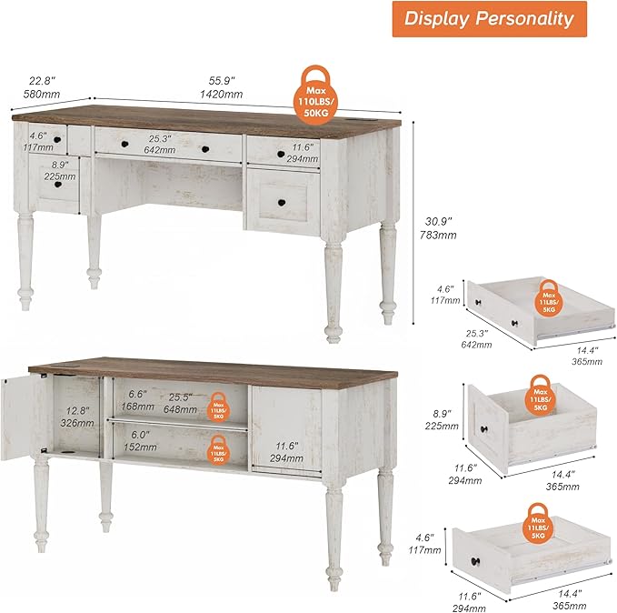 WAMAPT Farmhouse Executive Desk with 5 Drawers, Home Office Desk with Charging Station, Wood Computer Desk with File Cabinet Storage, Door, Open Shelf for Work and Study, Rustic White, 55 inch