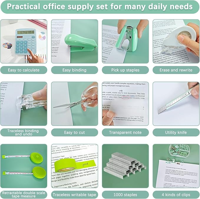 Ohmywor Office Supplies Set, Desk Accessories Includes Stapler Staples, Correction Tape, Calculator, Paper Clip, Transparent Note, Scissors, Tape Measure for Office School Clerk Student
