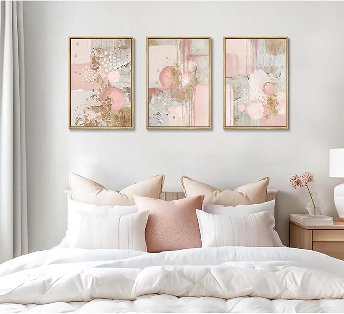 3Pcs Pink and Gold Canvas Wall Art Abstract Posters Print Geometric Pictures Decor for Living Room Bedroom Bathroom Home Decoration UnFramed