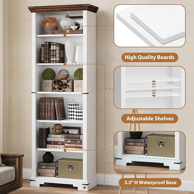 6-Tier Farmhouse Bookshelf, 73 inch Tall Book Shelf with Unique Design & 2 Adjustable Shelves, Wooden Bookshelf for Study Room, Living Room, Kitchen, Bedroom (White)