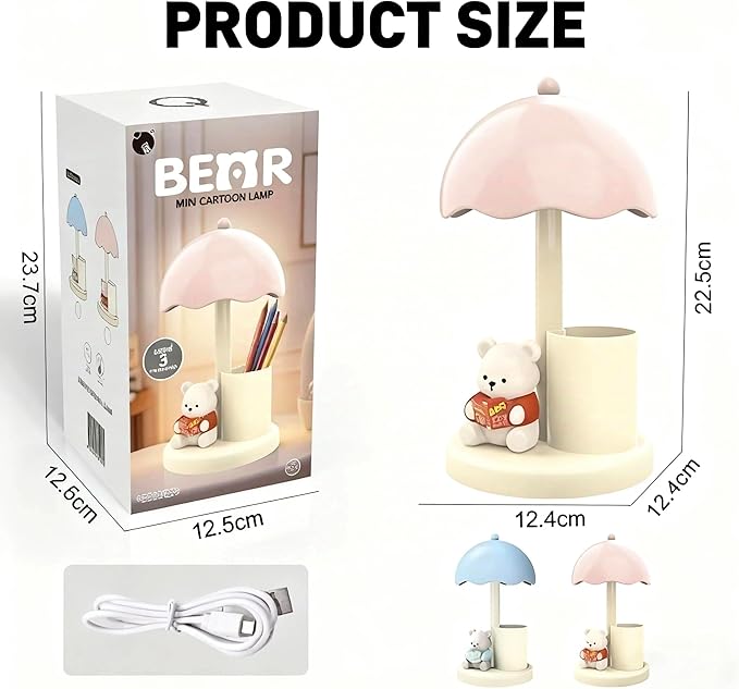 Cute Bear Desk Lamp with Pen Holder, 2-in-1 Kids Table Lamp Organizer, LED Bedside Lamp with USB Charging Port for Bedroom Study Room, 500 mAh, Rechargeable Lighting Decor for Boys Girls