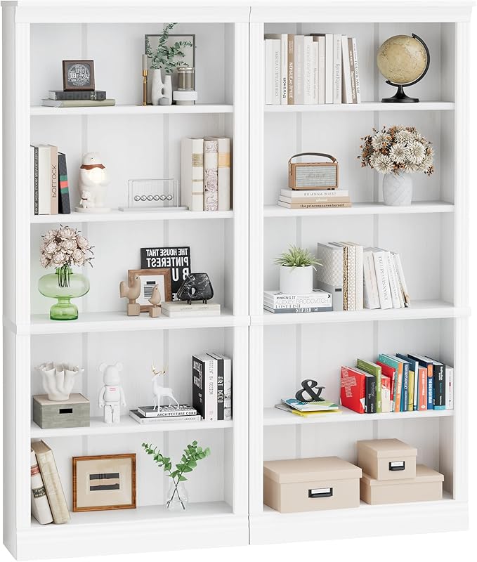 Shahoo 72" Bookcase and Bookshelf, 5-Tier Wood Bookcases with Shelves, Tall Floor Standing Book Shelf Storage Cabinet Home Decor Furniture for Living Room, Home Office 2 Pcs, White