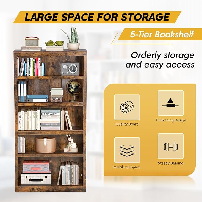 PayLessHere 5-Tier Bookcase Bookshelf Wooden Bookshelf with Thickened Laminates for Living Room, Bedroom, Office Open Storage Shelf Study Bookshelves Book Case