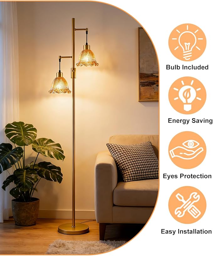 Lightdot 2- Light Gold Floor Lamp for Living Room, 65IN Dimmable Floor Lamps with Brown Glass Shade&3000K Warm White Bulbs, Modern Standing Tall Lamp for Bedroom Office