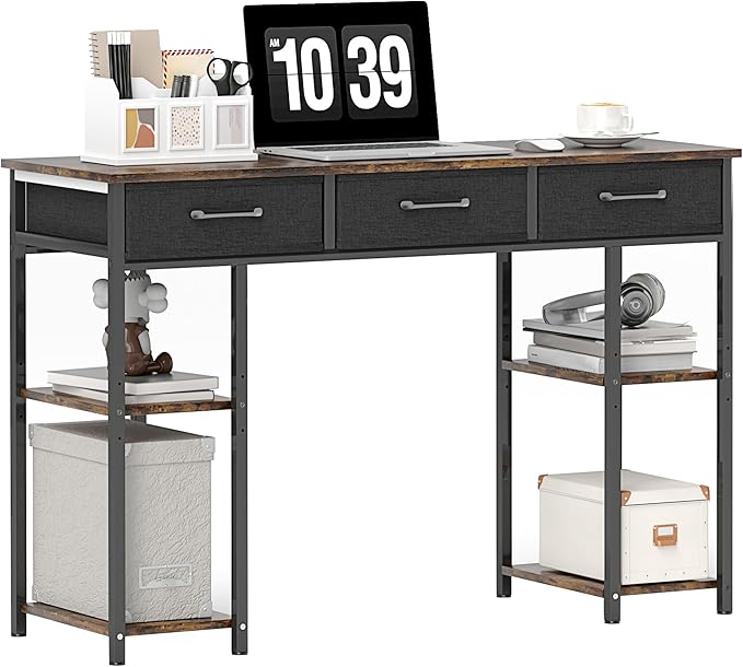 HOMCOM 47" Computer Desk with 3 Fabric Drawers, Home Office Desk with Adjustable Shelves, Small Writing Desk with Storage, Rustic Brown