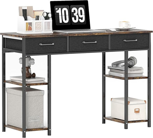 HOMCOM 47" Computer Desk with 3 Fabric Drawers, Home Office Desk with Adjustable Shelves, Small Writing Desk with Storage, Rustic Brown