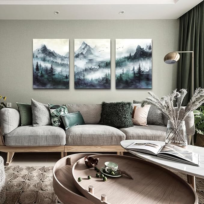 TTHYUEWS Canvas Wall Decor For Bedroom & Living Room - Modern Office Decoration - Misty & Fog Mountain Forest Wall Painting Landscape - 3 Piece, 16"X24"