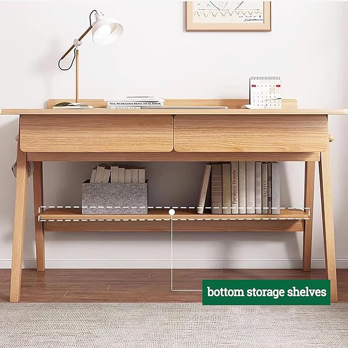 Modern Natural Wood Desk,Wood Home Office Desk with Drawers & Shelves,Writing Desk Workstation,Simple Study Desk Table Computer Desk - Only Desk(39inch, Brown)