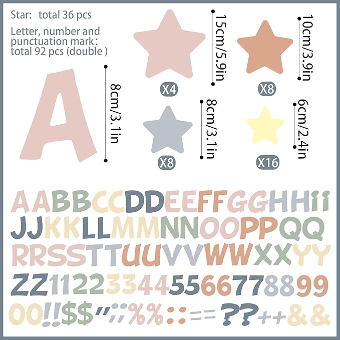 Containlol 188 Pcs Bulletin Board Borders Letters Stars Cutouts Set Include 59ft Poster Board Trims, Alphabet Letter Star Number Punctuation for Classroom(Boho Color)
