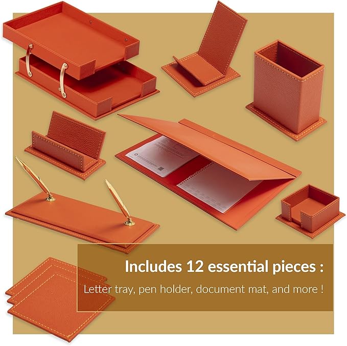 MOOGCO 12-Piece Leather Desk Set — Desk Pad 23.2" x 15.4", Double Document Tray, Pen Holder — Desk Organizer Set for Home Office & Executive Desk Accessories