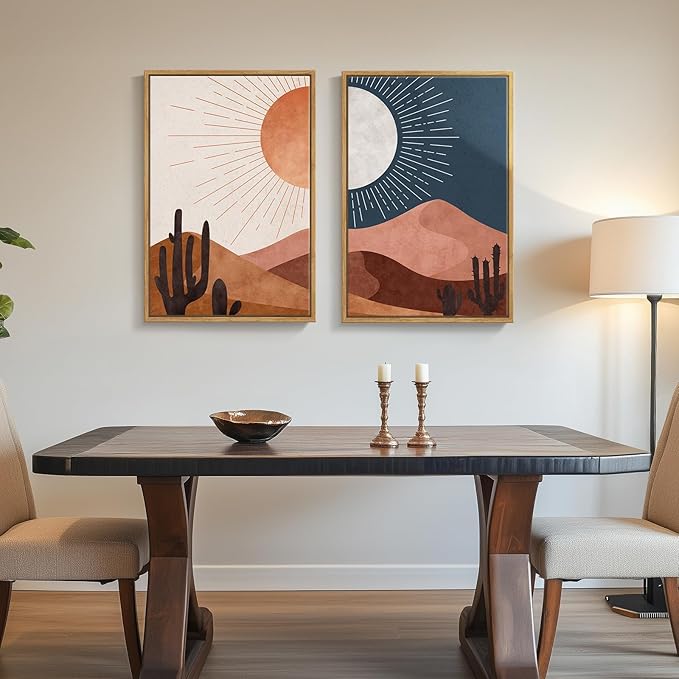 Framed Boho Desert Landscape Wall Art for Living Room, Mid Century Modern Set of 2 Painting Print Canvas Artwork for Walls, Large Bohemian Sun and Moon Cactus Wall Decor for Bedroom Office, 20x30 Inch