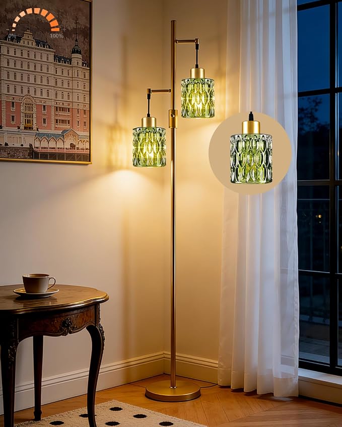 Lightdot 65IN Industrial Gold Floor Lamp for Living Room, 2- Light Green Glass Floor Lamps with 3000K Warm White Bulbs, Modern Farmhouse Tree Standing Tall Lamp for Bedroom Office Home Decor