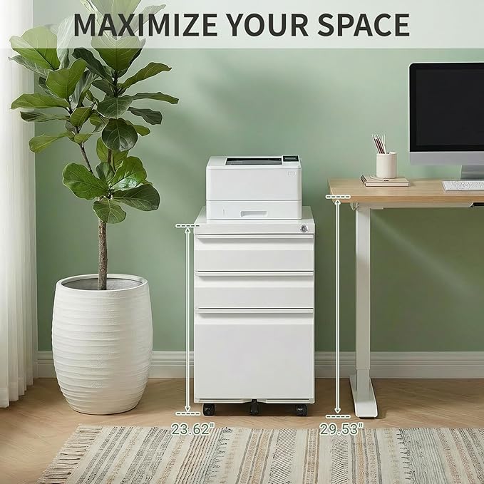 3 Drawer Metal File Cabinet with Lock, Fully Assembled Rolling Filing Cabinet for Home Office, Mobile Under Desk Storage with Wheels, Fits Letter/Legal/A4 Files,White
