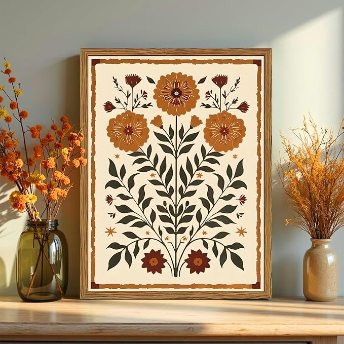 Framed Vintage Mexican Floral Wall Art, Boho Flower Pictures Wall Decor, Folk Marigolds Botanical Paintings Canvas Prints Rustic Home Decor for Living Room Bedroom 12x16 inch