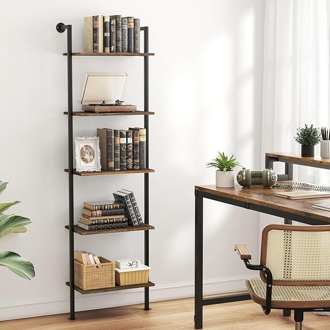 5-Tier Bookshelf Solid Wood Ladder Shelf, Narrow Book Shelf Display Shelf, Wooden Bookcase, Wall Mount Ladder Shelf, Storage Rack for Living Room, Bedroom, Industrial Style, Dark Brown