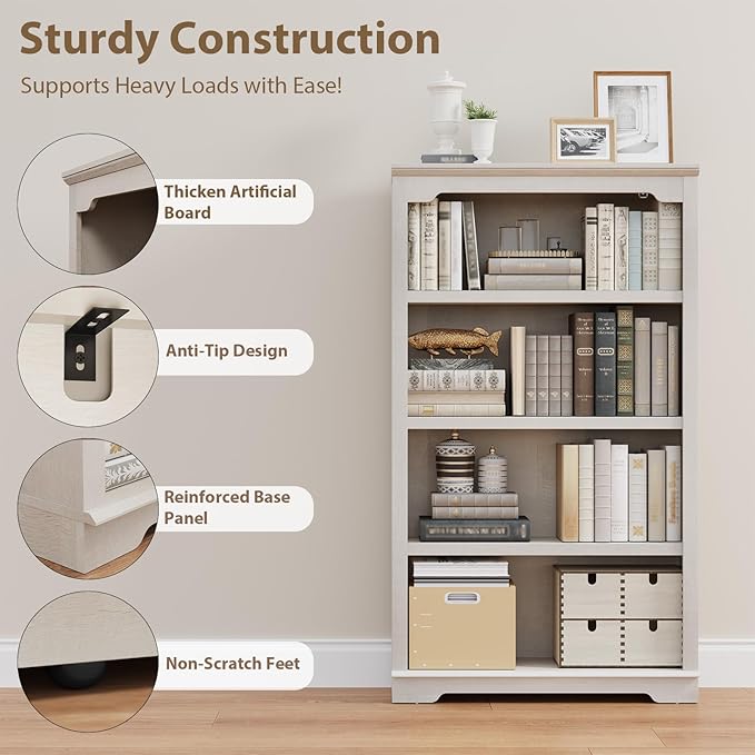 HIFYOBRO 4 Tier Bookshelf, 55 Inches Tall Bookcase, Wooden Book Shelf with Storage, Freestanding Open Display Bookshelves for Study Room, Home Office, Living Room (White, 4-Shelf)