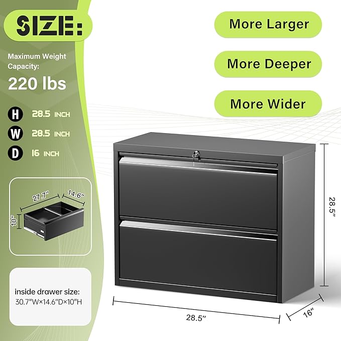 Oakcloud 2 Drawer File Cabinet for Home Office, Filing Cabinet with Lock, Metal Vertical File Storage Cabinet for A4/F4/Letter/Legal Size, Easy Assemble (28“-Black)