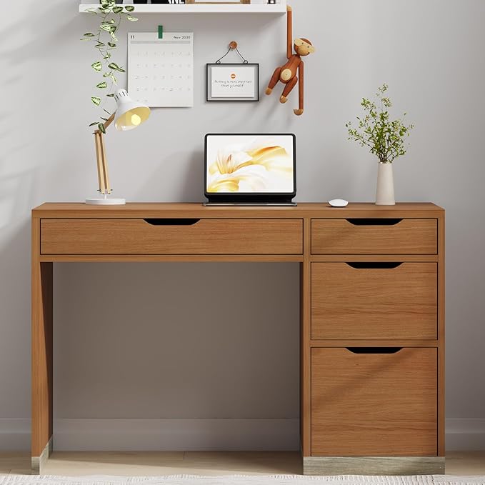 48 Inch Small Desk with 4 Drawers, Computer Desk with Storage File Drawer for Bedroom, Home Office Desk with Storage for Small Space, Brown