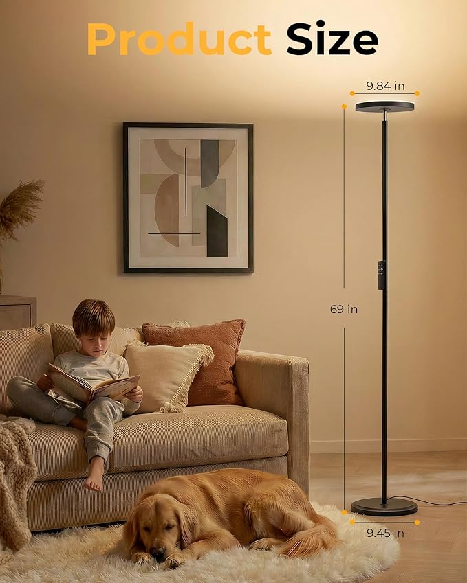 Floor Lamps for Living Room, 69" Tall LED Lamp, 2800LM Standing Lamp Remote & Foot Switch with 1H Timer, 2700-6500K Stepless Dimmable Modern Pole Light for Bedroom, Reading, Black