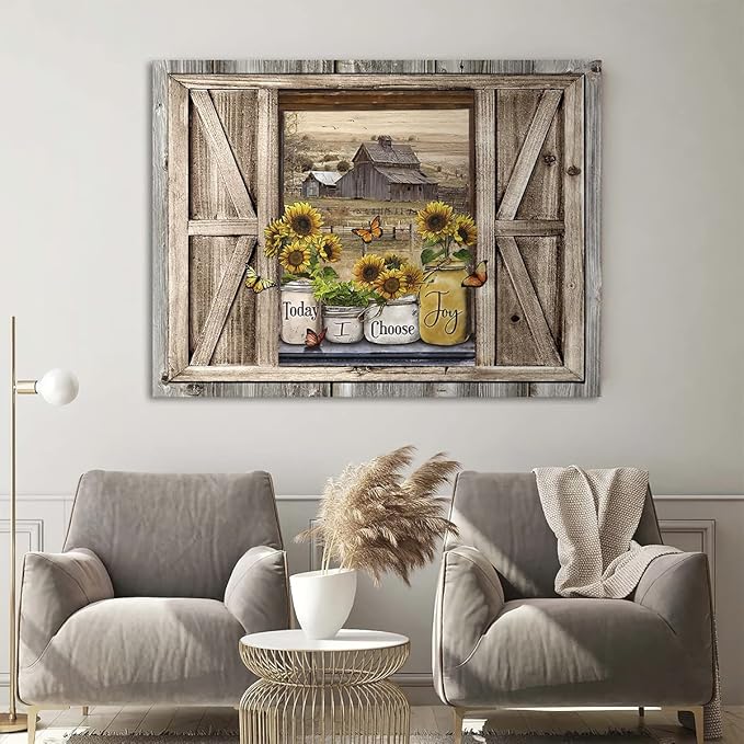 Parylore Sunflower Wall Art Canvas Print Rustic Wall Decor Faux Barn Doors Sunflower Jars On Barn Painting Picture Framed Modern Farmhouse Artwork for Living Room Bathroom Office Home Decor 16x20 In