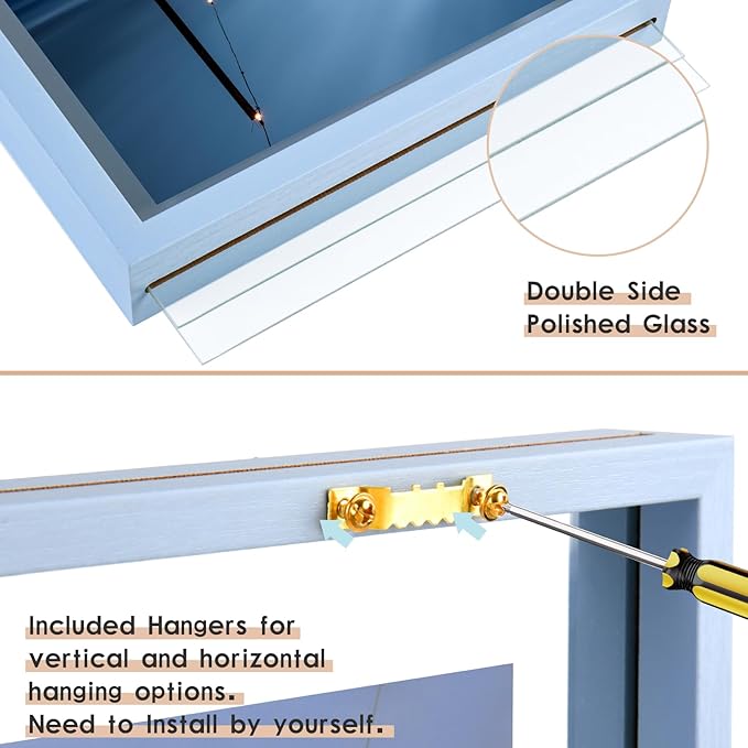 MUYE 5x7 Floating Frame Set of 2,Double Real Glass Photo Frame for Wall Hanging or Tabletop Standing,Also Display 4x6 or 3x5 Photo for Floating Effect,Blue