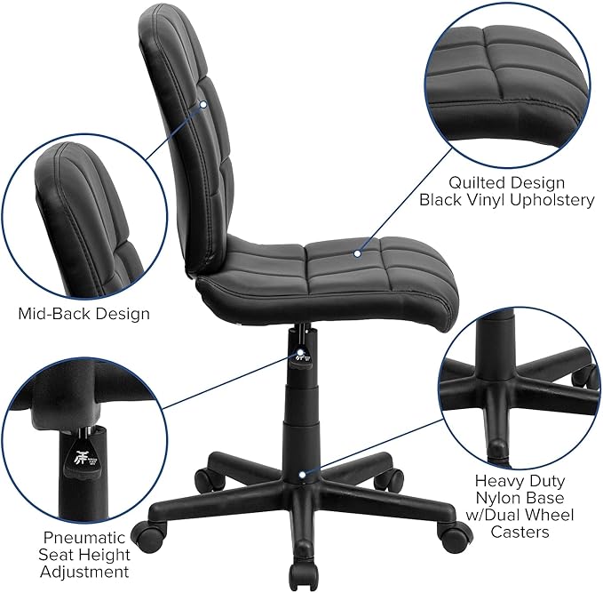 Flash Furniture Clayton Mid-Back Tufted Vinyl Upholstered Swivel Desk Chair with Padded Seat, Modern Adjustable Height Padded Office Chair, Black