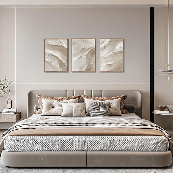 myusuar 3 Piece Large Abstract Framed Wall Art For Living Room, Smoke Texture Ink Beige White Canvas Wall Art Modern Minimalist Art Prints Wall Décor For Bedroom Office 12x16in