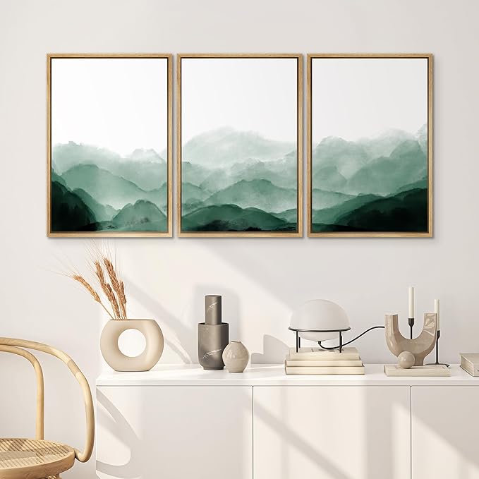SIGNWIN Framed Canvas Print Wall Art Green Watercolor Mountains in Fog Nature Wilderness Illustrations Modern Art Rustic Scenic Relax/Calm Cool for Living Room, Bedroom, Office - 16"x24"x3 Natural