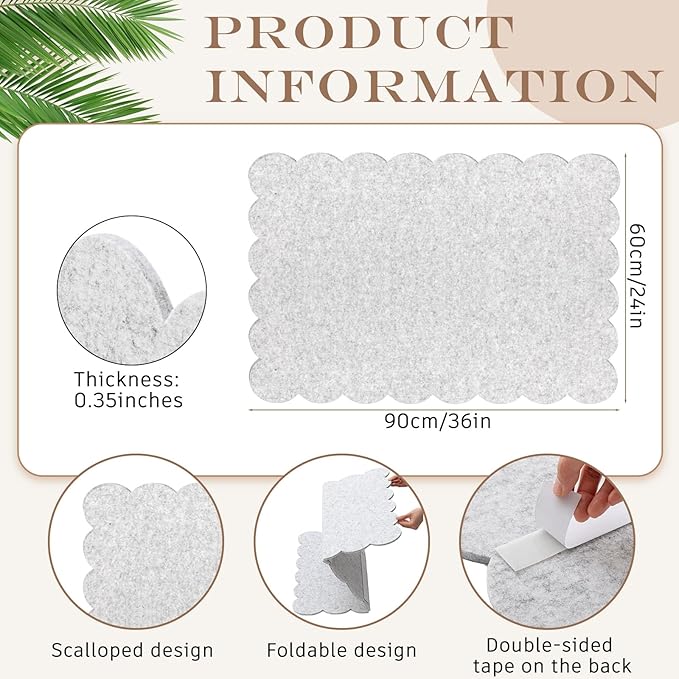 Scalloped Felt Bulletin Board 36 x 24 Inches Foldable Light Gray Pin Cork Board Alternative for Wall, 3' x 2' Trifold Picture Vision Self Adhesive Bulletin Decorative