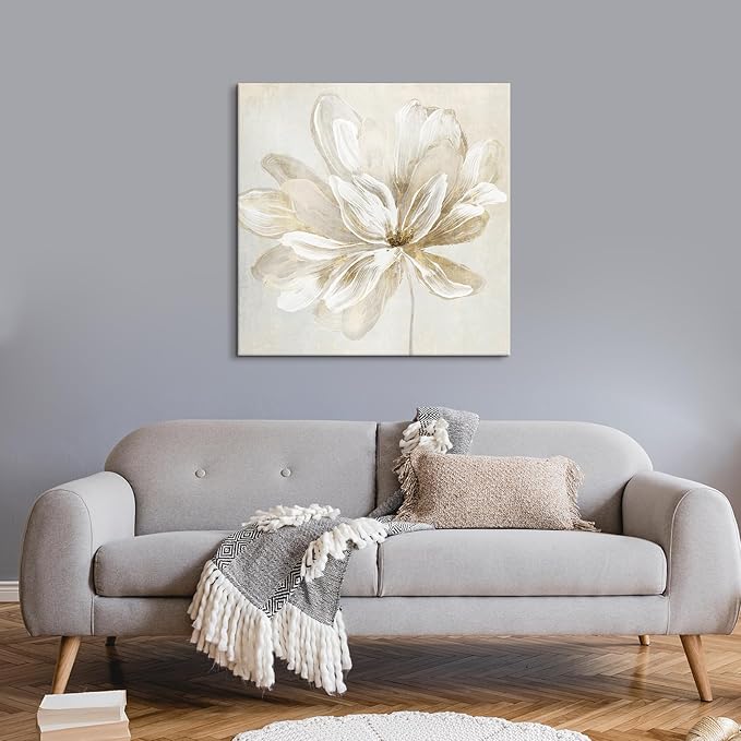 SEVEN WALL ARTS White Flower Wall Art Beige and Gold Blooming Flower Abstract Floral Artwork Print Poster for Living Room Bedroom Bathroom Home Office Wall Decor 24"x24"