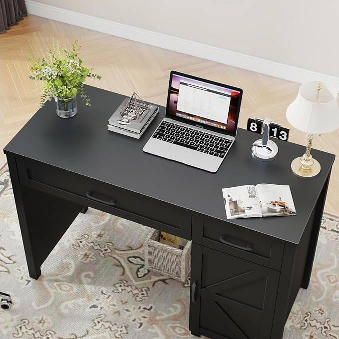 Farmhouse 47" Executive Desk, Computer Desk with Drawers and Storage Cabinet, Workstation for Home Office and Study.(Pure Black)