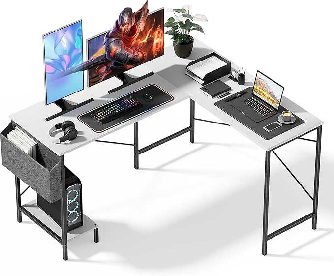 InfiniPower L-Shaped Corner Desk, 50-Inch Reversible Gaming PC Table, Compact Work & Study Station with Metal Frame, CPU Stand, Side Bag