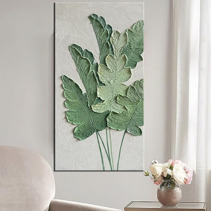 YaSheng Art- large Vertical Wall Art Oil Paintings ,Handmade 3D Textured Wall Art Green Large leaf plant Artwork paintings ,Modern Minimalist Abstract Wall Art painting, Wall Art for living room Bedroom Wall Deco Home, Framed Wall Art Pictures 30x60inch