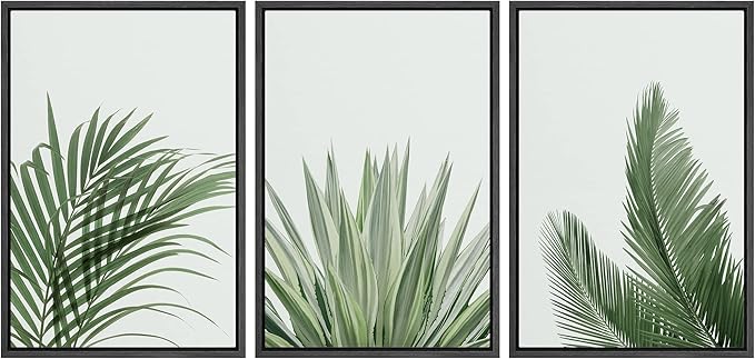 SIGNFORD Framed Canvas Print Wall Art Set Rustic Green Retro Tropical Jungle Plants Nature Wilderness Photography Modern Minimal Scenic Relax/Calm for Living Room, Bedroom, Office - 24"x36"x3 Black