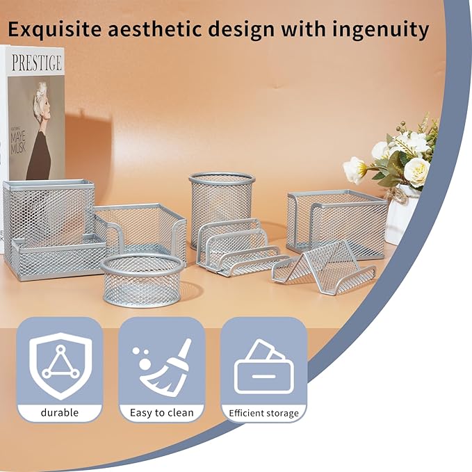 Desk Organizer for Office, 6 Pieces Mesh Desk Multi-functional Storage Set Office Supplies Accessories (Silver)