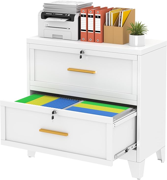 2 Drawer File Cabinet with Lock, Metal Lateral File Cabinets for Home Office, Steel Wide Filing Organization Storage Cabinets, Home Office Furniture for Hanging Files Letter/Legal/F4/A4 Size