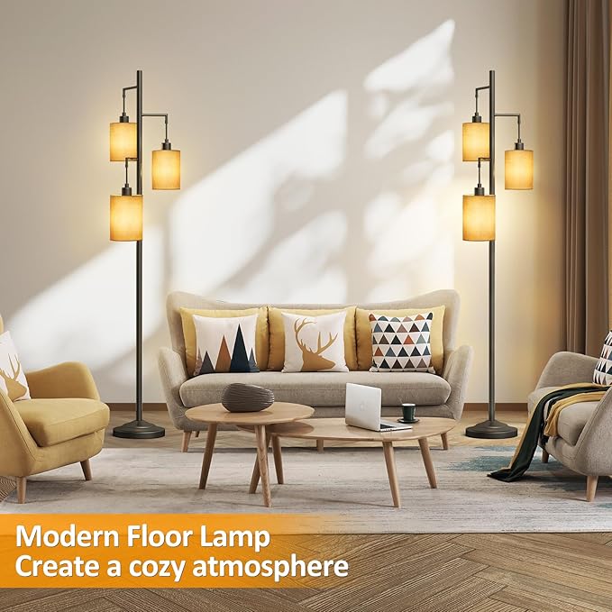 3 Lights Boho Floor Lamps with ON/Off Foot Switch Tree Standing Lamp with Hanging Lampshades Farmhouse Floor Lamp Tall Pole Lamp for Living Room Bedroom Office, 3 PCS 6W Bulbs Included