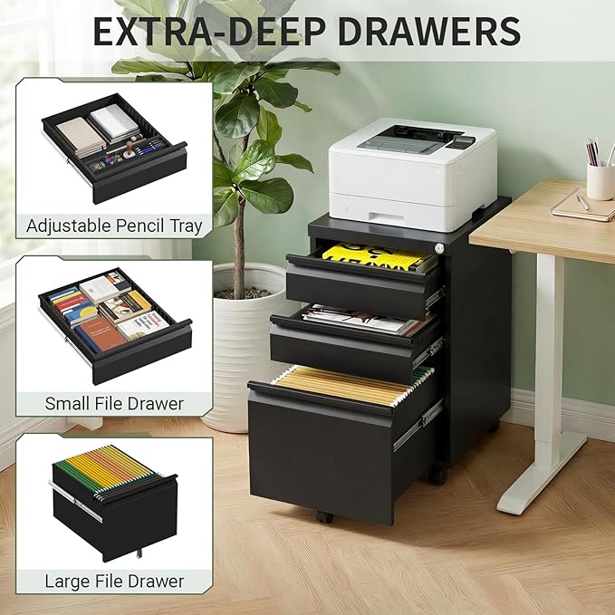 3 Drawer Metal File Cabinet with Lock, Fully Assembled Rolling Filing Cabinet for Home Office, Mobile Under Desk Storage with Wheels, Fits Letter/Legal/A4 Files (Black)