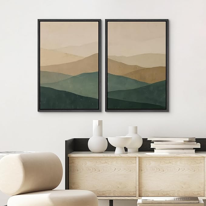 SIGNWIN Framed Canvas Print Wall Art Set Green and Beige Abstract Mountain Landscape Illustrations Modern Art Minimal Boho Relax/Calm for Living Room, Bedroom, Office - 16"x24"x2 Black