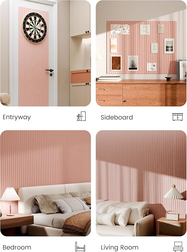 Bumusty Large Cork Board Alternative-48 x 36" Felt Bulletin Board Tiles, with 30 Pushpins, 70 Adhesive Tabs, 12-Pack Slat Wall Paneling, Cork Boards for Office Push Pin Board Felt Board-Pink
