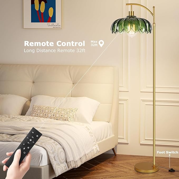 Glass Floor Lamp for Living Room,Bedroom,Mid Century Modern Standing Lamp with Remote,Dimmable Gold Tall Lamp Green Vintage Retro Arc Flower Floor Light Boho Bohemian